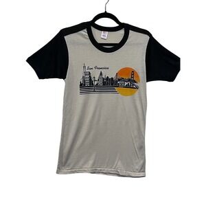 Vintage 70s San Francisco Skyline Graphic Ringer T Shirt Beige Black Medium